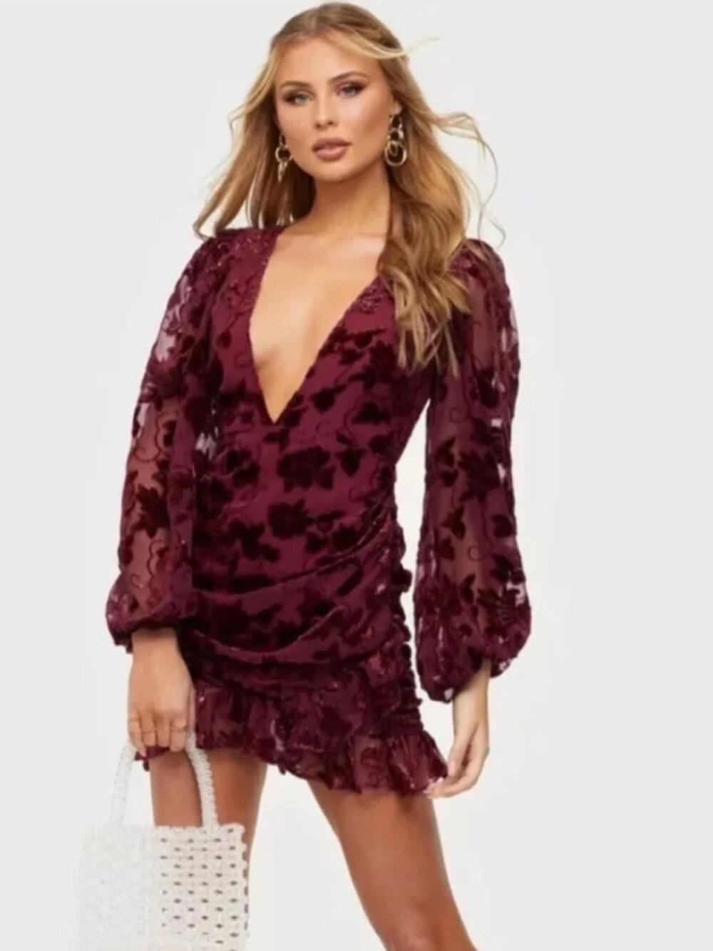 For Love and Lemons Penelope Mini Dress Long Sleeve Deep V Wine Red Fall Velvet
